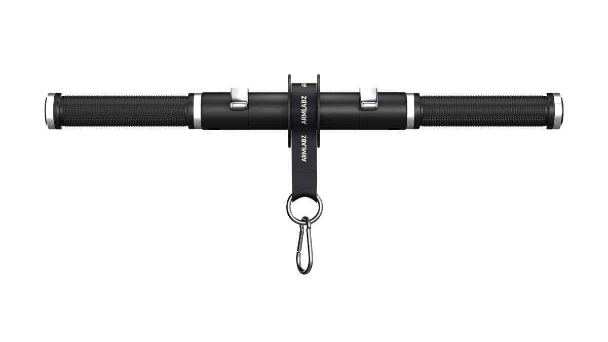 
Front product shot: ArmLabz Forearm Roller 3.0 with black knurled handles, ratcheting core, and strap with carabiner
