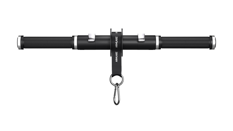 Front product shot: ArmLabz Forearm Roller 3.0 with black knurled handles, ratcheting core, and strap with carabiner