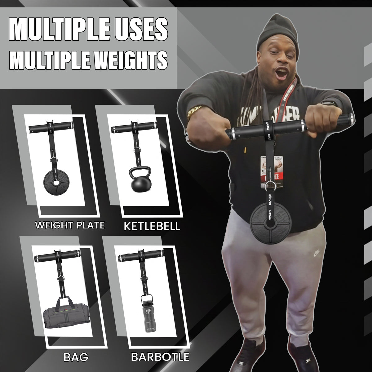 
Forearm Roller 3.0 used with a weight plate, kettlebell, bag, or Barbottle for adjustable resistance
