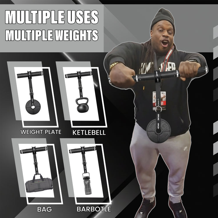 Forearm Roller 3.0 used with a weight plate, kettlebell, bag, or Barbottle for adjustable resistance
