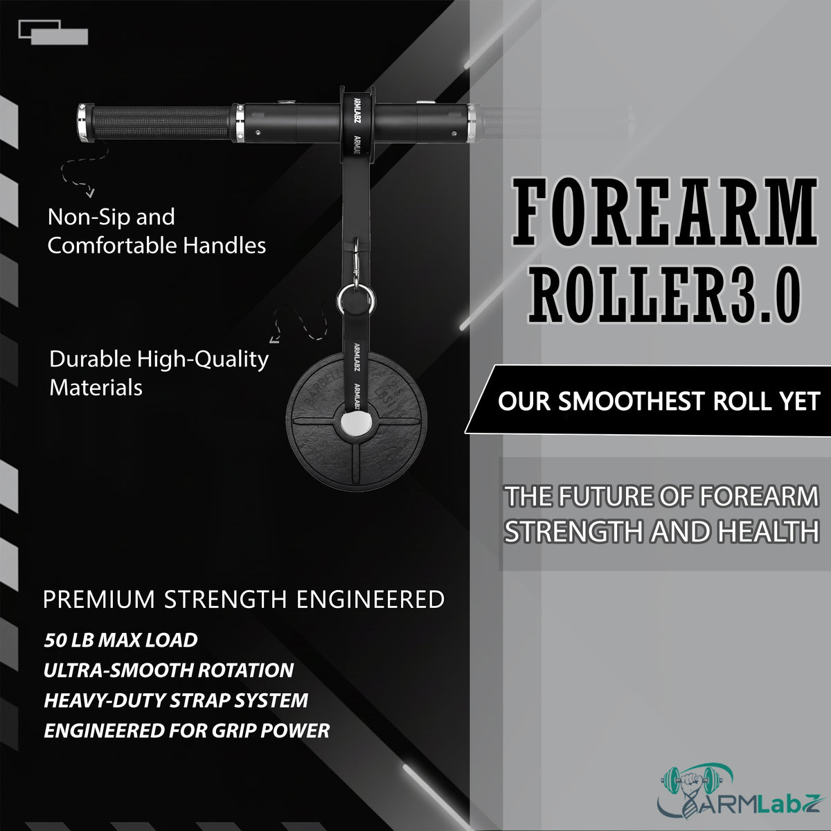 
Forearm Roller 3.0 with weight plate attached, showing non-slip handles and 50 lb max load