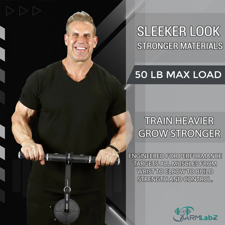 Athlete holding the Forearm Roller 3.0 with a weight plate, 50 lb max load