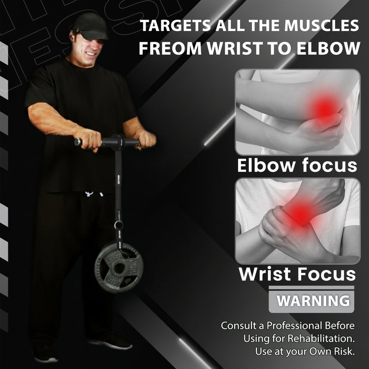 Man training with the Forearm Roller 3.0 and a weight plate, targeting wrist and elbow muscles